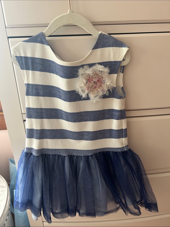 Pippa & Julie Other - Pippa & Julie Navy and White Striped Tulle Dress with Floral Applique